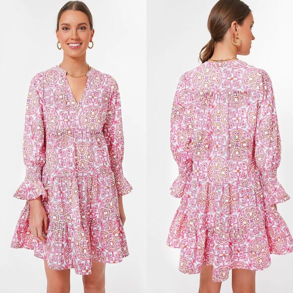 Tuckernuck Beach Block Print Kenzo Long Sleeve Dress Pink Orange M - Picture 2 of 11